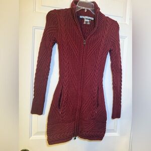 Athleta Balkan Long Sweater Coat XXS Burgundy Cable Knit Full Zip Pockets Cotton